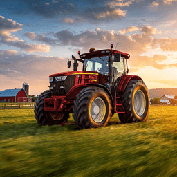 Farm Manager resource market tool icon showing a tractor at sunset